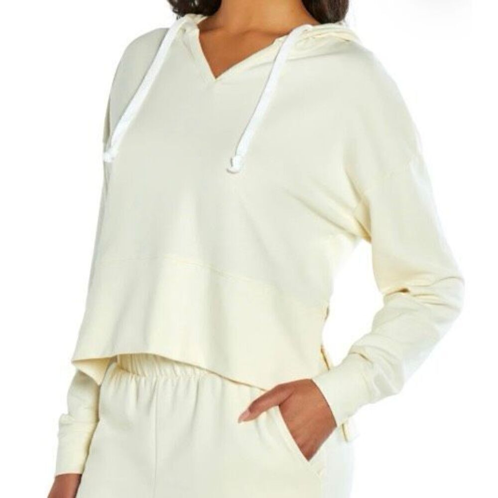 Three Dots Light Yellow Cropped Hoodie Pullover Sweatshirt NWT Size Small
